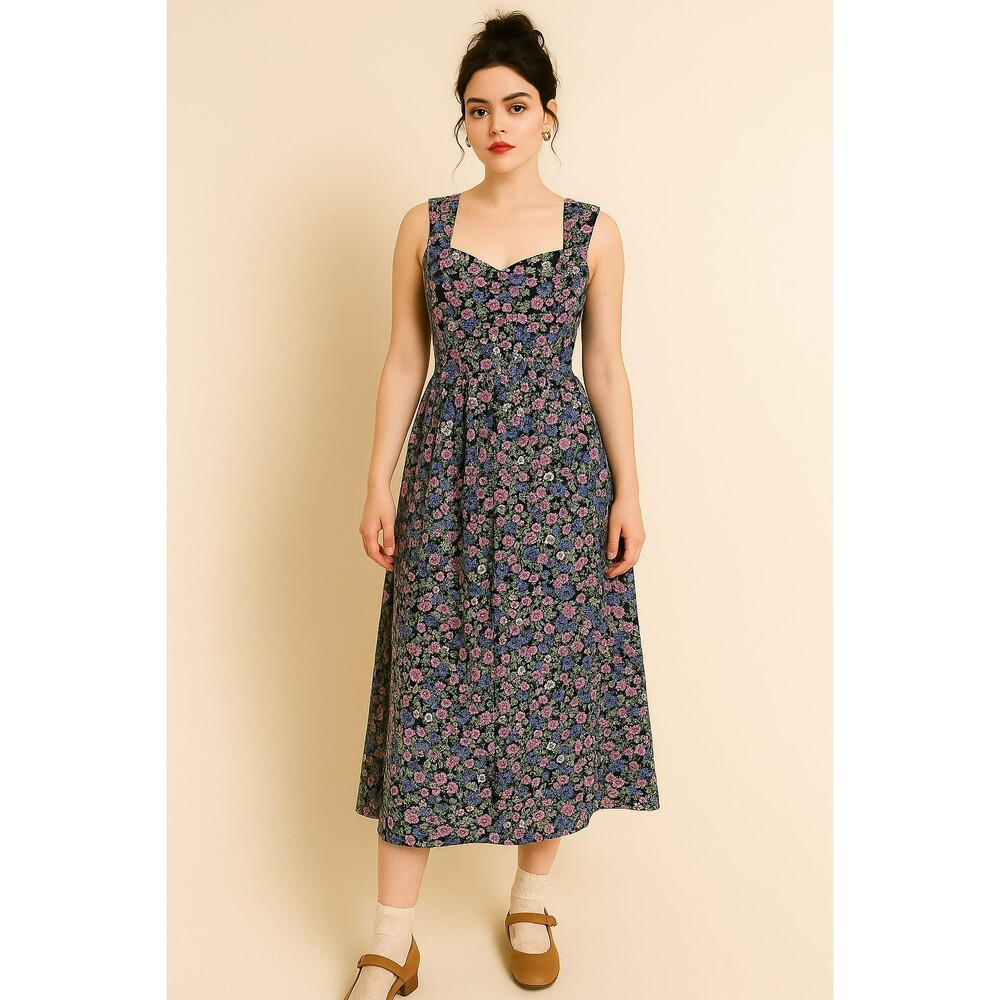 VTG 1980s Floral Maxi Dress Sweetheart Neck Black Multicolor Rayon Size 9 Medium